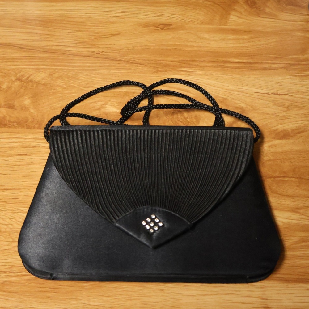 Vintage 90s Pleated Satin Clutch Evening Bag Womens Black Rhinestone Y2K Formal